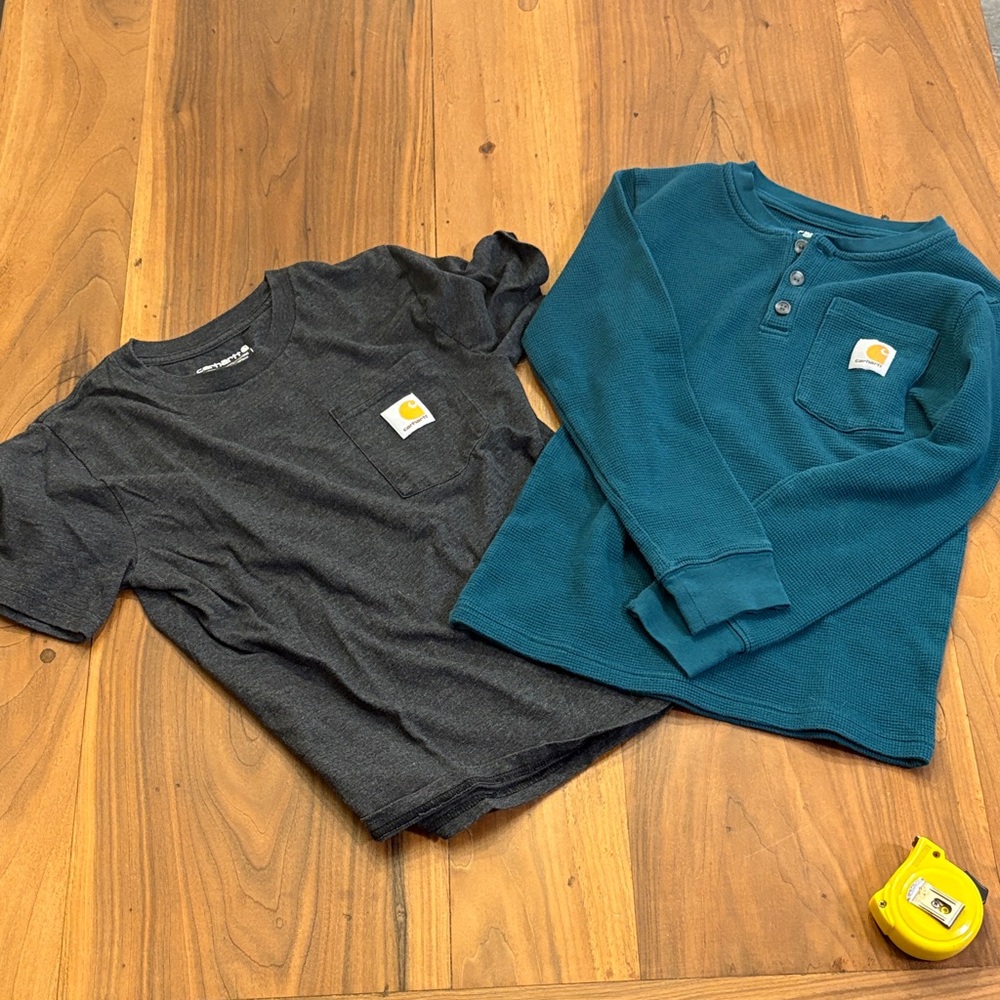 Carhartt Kids' Charcoal and Teal Long Sleeve Shirts.